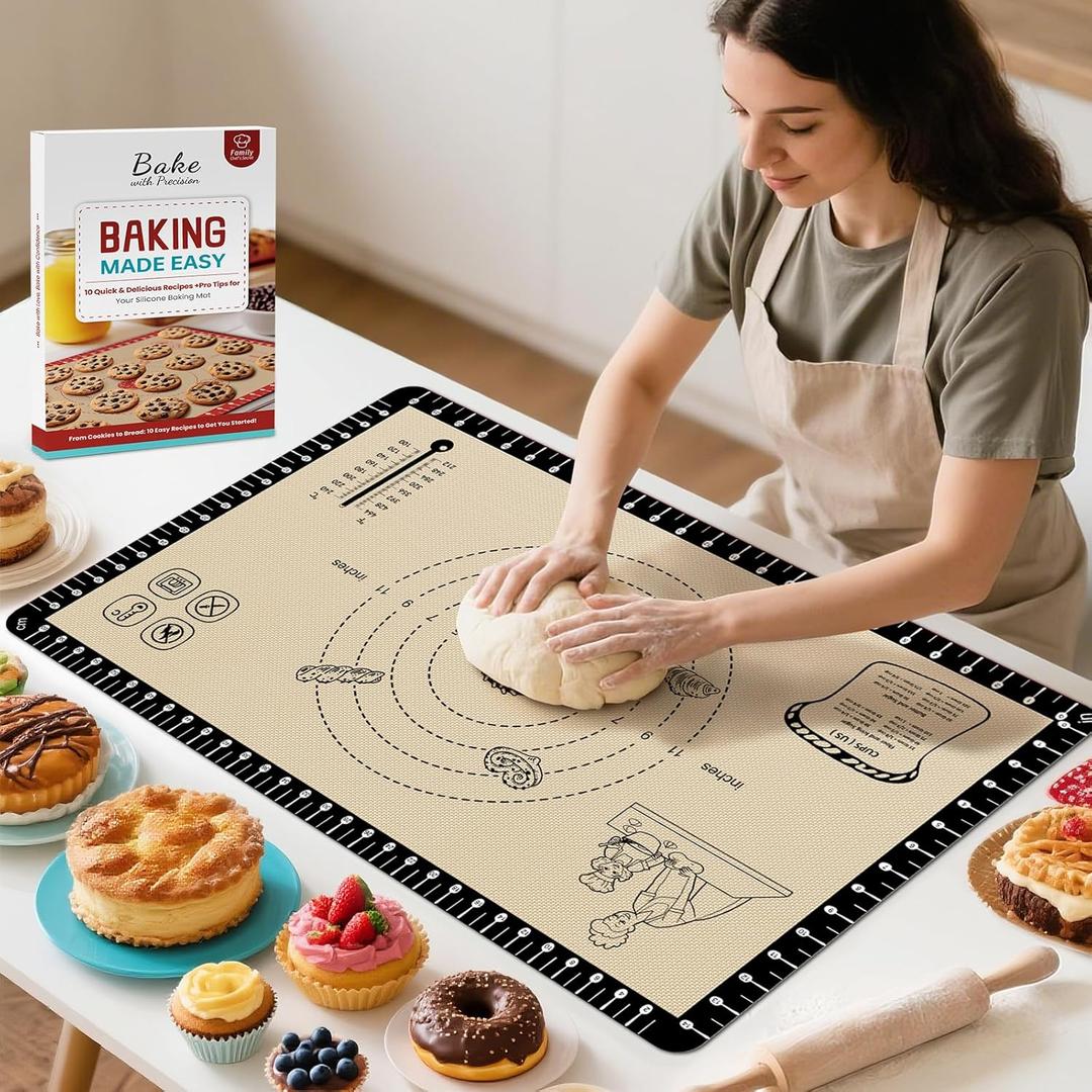 Silicone Baking Mat with 10 Recipes, Extra Thick Silicone Mats for Baking, Non Stick Pastry Mat,Reusable kneading Dough Rolling Mat for Cookie, Macaron, Bread, Pizza (Black)