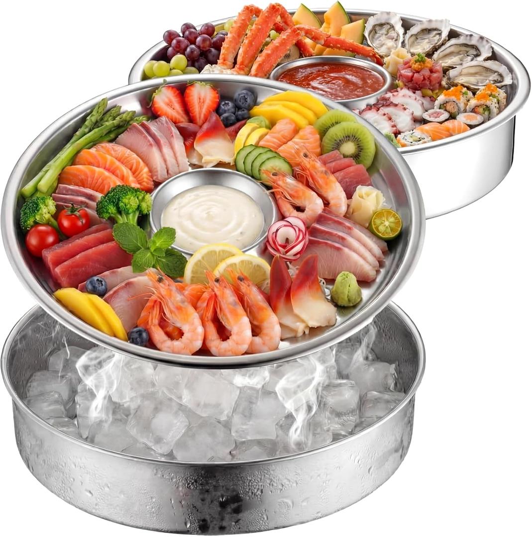 2 Sets Chilled Serving Tray for Parties 10" Shrimp Cocktail Serving Dish with Ice Tray Stainless Steel Round Iced Cooling Platter with Dip Compartment for Oysters Crawfish Fruits Seafood