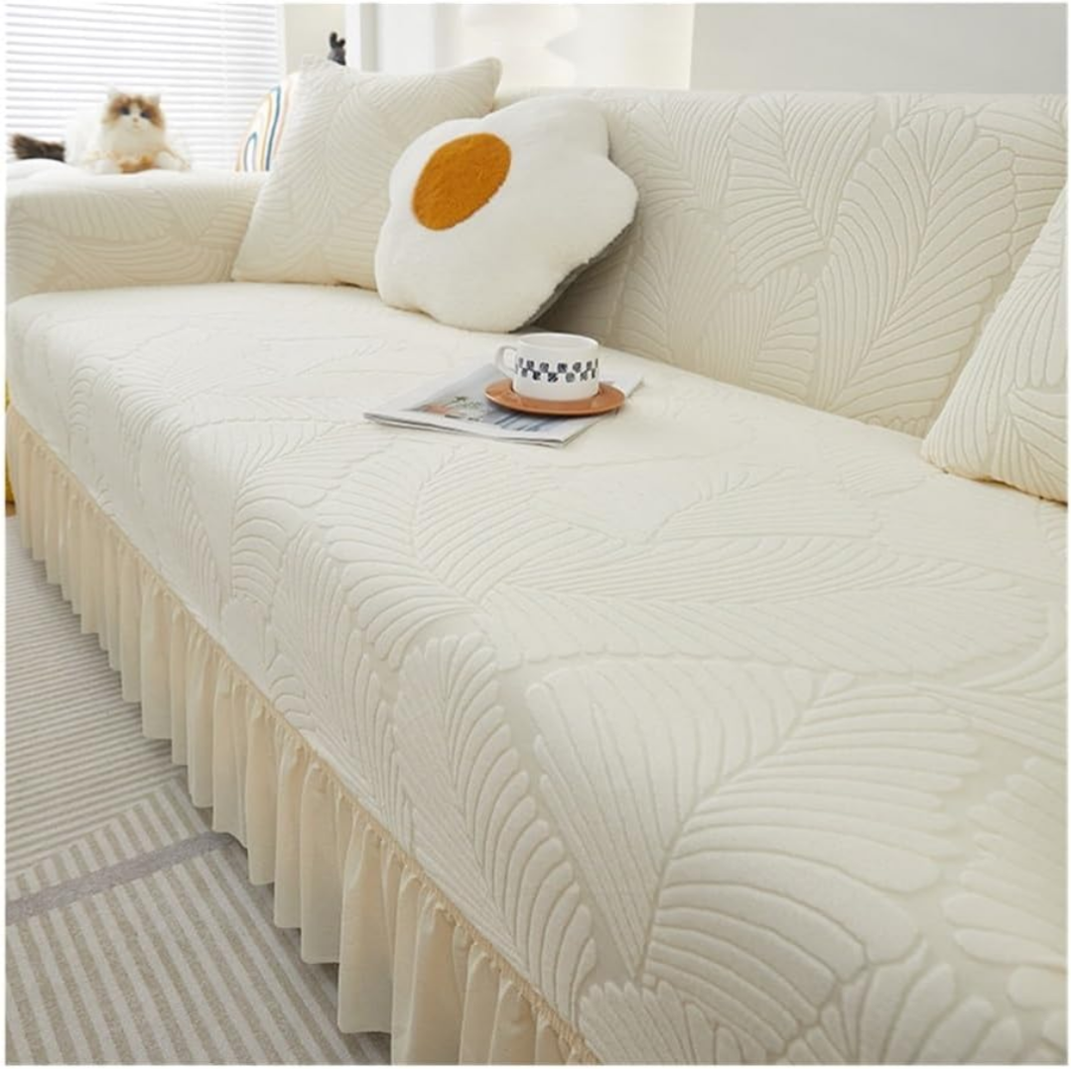 2025 Sofa Slipcovers with Ruffle Skirt 2 Seater Stretch Sofa Seat Cushion Covers Jacquard Plush Couch Covers Easy Fit Washable Furniture Covers for Living Room(Beige,2 seaters(145-185cm))