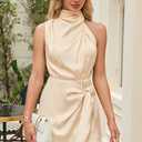 Womens Short Formal Satin Dress 2026 Summer Sleeveless Halter Neck Tie Waist Wrap Cocktail Wedding Party Mini Dresses (Beige, M)
