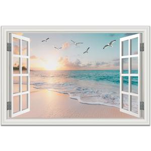 Beach Wall Art Picture for Living Room - Ocean Canvas Art Print for Bedroom - White Fake Window Frame Style Wall Decor Sunset - Seascape Painting for Bathroom Office Home Decoration 24x36inch