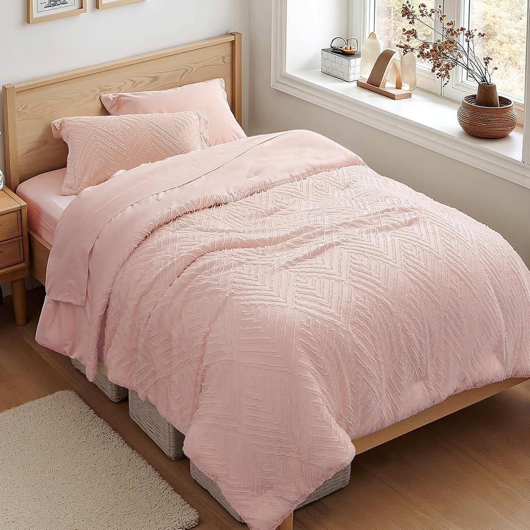 Zzlpp Twin Comforter Set 5 Pieces, Pink Tufted Bed in a Bag with Comforter and Pillowcase, All Season Boho Bedding Sets with 1 Comforter, 1 Pillow Sham, 1 Flat Sheet, 1 Fitted Sheet