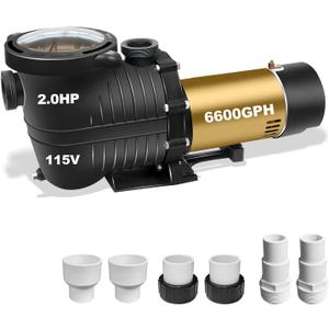 2.0HP Variable Two Speed In/Above Ground Pool Pump 115V 6600GPH | 6600GPH Flow, 48FT Hmax, Energy Efficient Pool Motor, Comes with 1.25 & 1.5 & 2" Fittings and 6.6FT Power Cord