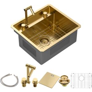 Sarlai Outdoor Sink, 21x19 Inch Gold Undermount Kitchen Sink Workstation with Foldable Faucet Bar Prep Single Bowl Gold Kitchen Sinks16 Gauge Stainless Steel BBQ Sinks with Cover 21"x19"x9“