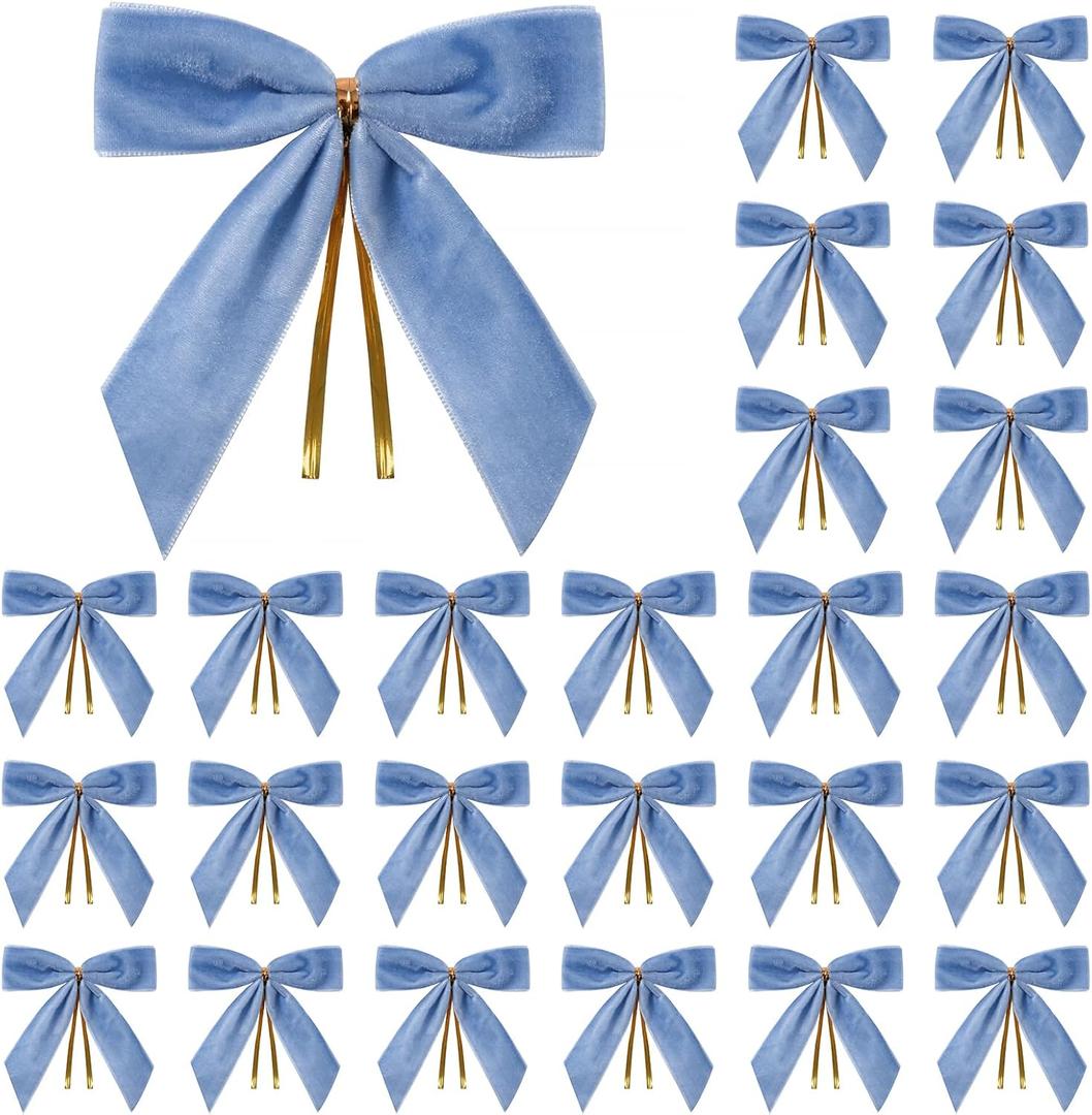 24 Pcs Light Blue Small Velvet Christmas Bows for Christmas Tree, Wreath, Gift Wrapping, Crafts, Wedding, Party, Twist Tie Bows for Treat Bag Bakery Candy Bags, Home Decor 1"W,3.5 x 3.5 inch