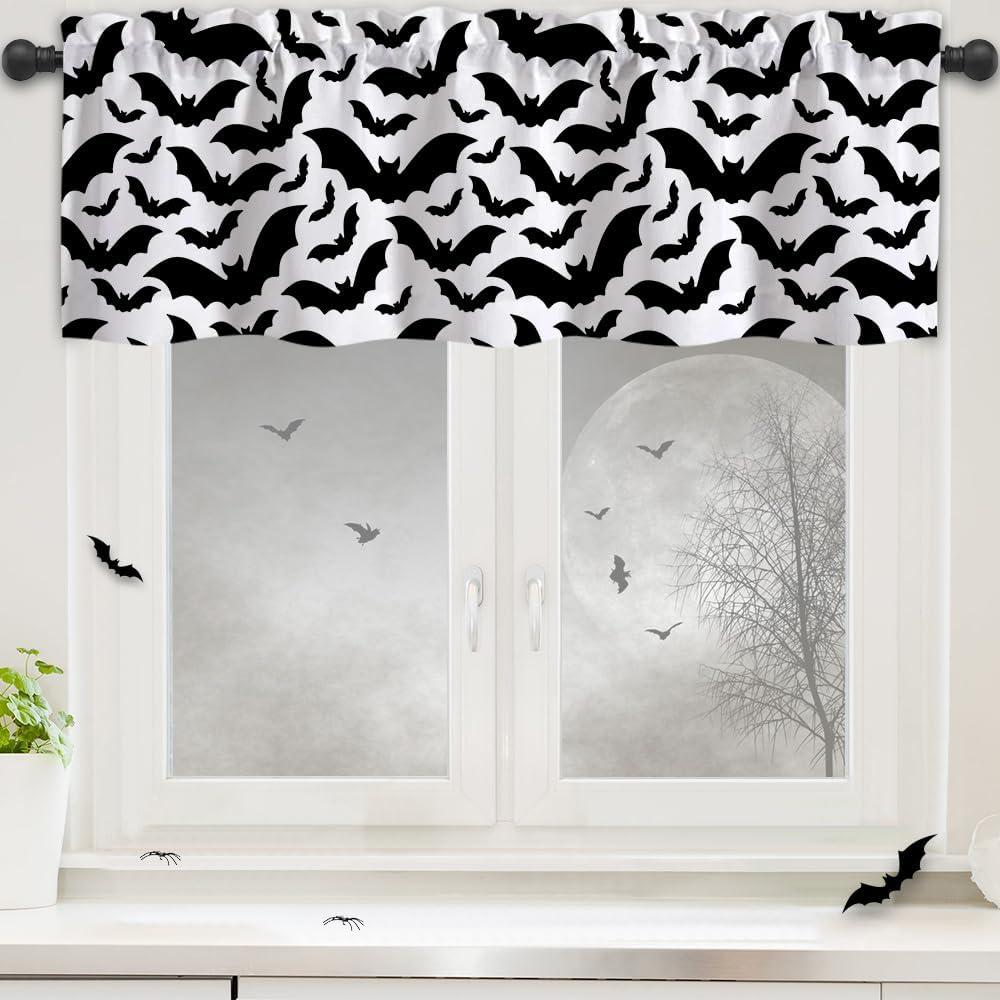 2 x Vanleonet Halloween Curtain Valances Black Bats Valances for Windows Rod Pocket Gothic Curtains Halloween Decoration for Party Kitchen Living Room Bedroom 1 Panel, 54W x 18" L