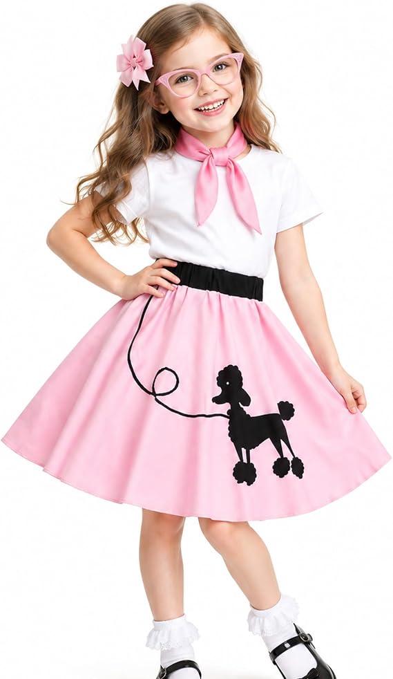 Davsolly Poodle Skirt for Girls, 50s Outfit for Girls, 5pcs 1950’s Sock Hop Costume for Party Career Day Birthday Gifts, M 8-10 years