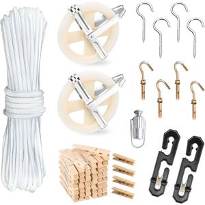 Clothesline Kit Outdoors, Clothes Line Pulley Kit, 164ft Polyester Clothes Line Rope Outdoors Heavy Duty, Clothesline Pulley Kit with S Separator Spreaders, Rope Tightener, Hook for Outdoor Clothes
