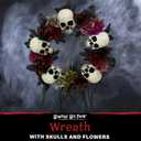 Haunted Hill Farm 24-In. Hanging Wreath with Skulls, Fall Flowers, and Vines, Front Porch Decor, Indoor or Covered Outdoor Halloween Decorations, Halloween Party Decorations for Door, Wall, or Windows