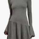 Women's Sweater Dress Long Sleeve Mock Neck Crochet Flared Ruffle Hem A-Line Pleated Mini Dress, L