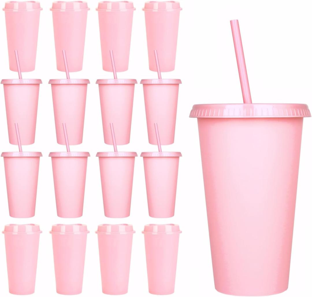 Suertestarry Plastic Tumblers with Lids and Straws, 16 Pack Reusable Party Favor Cups, 22oz Iced Coffee Cups, for Parties and Birthdays (16, Pink)
