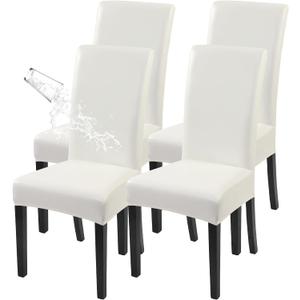 Waterproof PU Leather Dining Chair Covers Set of 4, Stretch Oilproof Parsons Chair Slipcovers Removable Washable Kitchen Chair Protector for Dining Room (Cream)