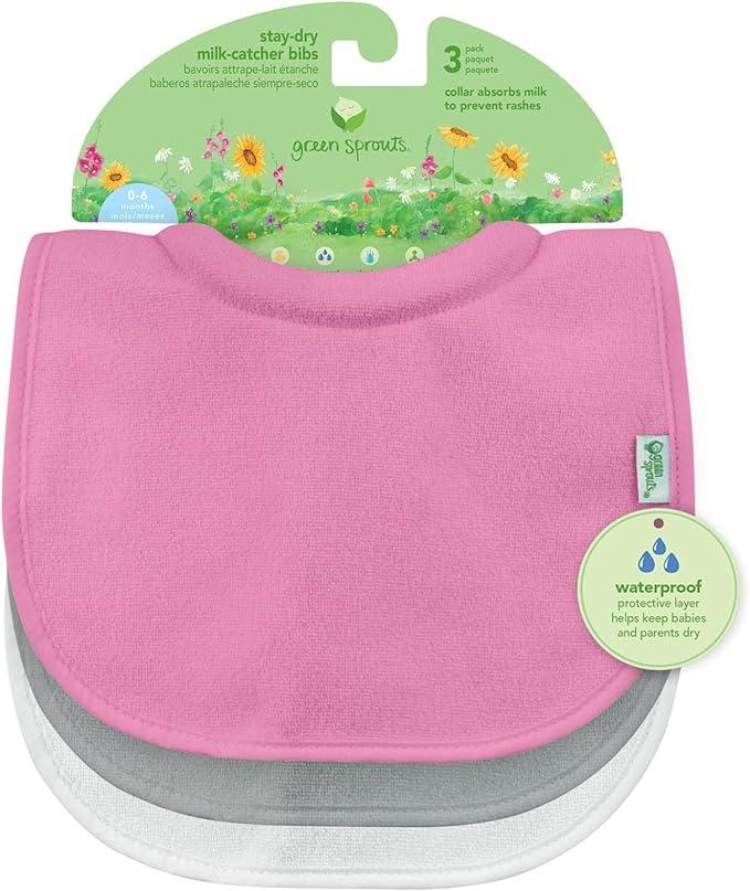 green sprouts Stay-dry Milk Catcher Bibs (3 Pack) | Collar absorbs milk to prevent rashes | Waterproof inner layer, Absorbent terry cotton, Machine washable