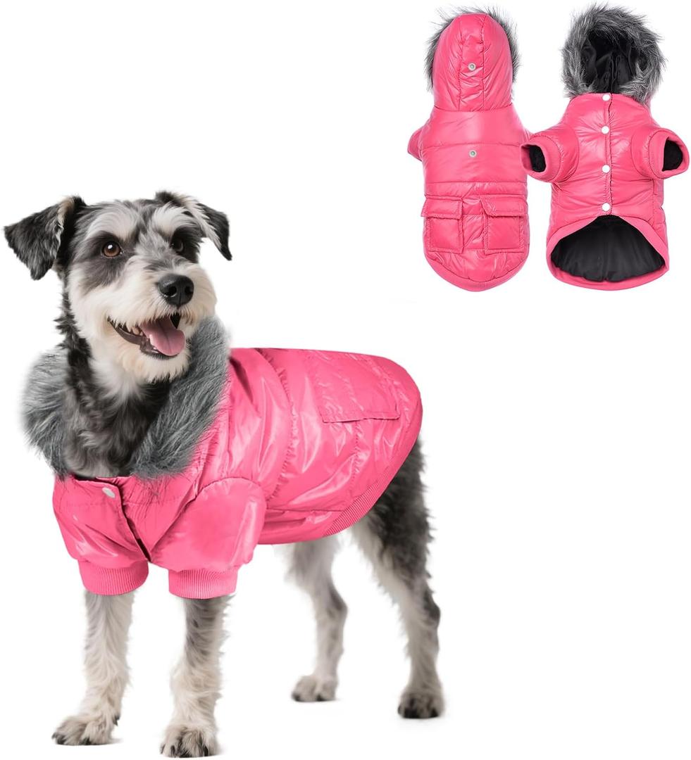 PETLESO Dog Coat for Small Dogs, Winter Dog Jacket Cold Weather Windproof Warm Puffer Jacket with Leash Hole, Button Fixable Hat, Pink XL