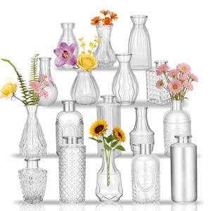 Glass Bud Vases in Bulk Set of 17, Transparent Clear Small Mini Vases for Flowers, Vintage Vase for Centepiece, Wedding, Table Decor, Baby Shower, Christmas, Home and Events