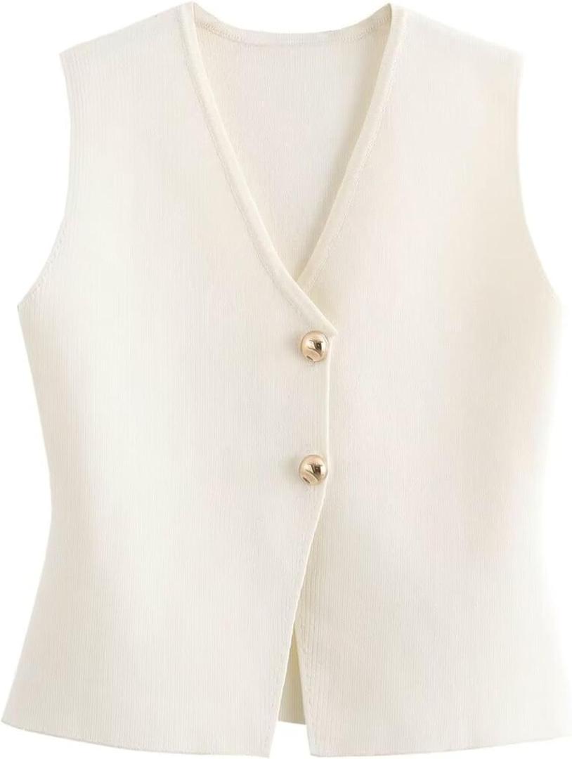 FindThy Womens Cropped Knit Vest V Neck Button Up Solid Color Sleeveless Gilet Tank Tops (Medium, Beige)