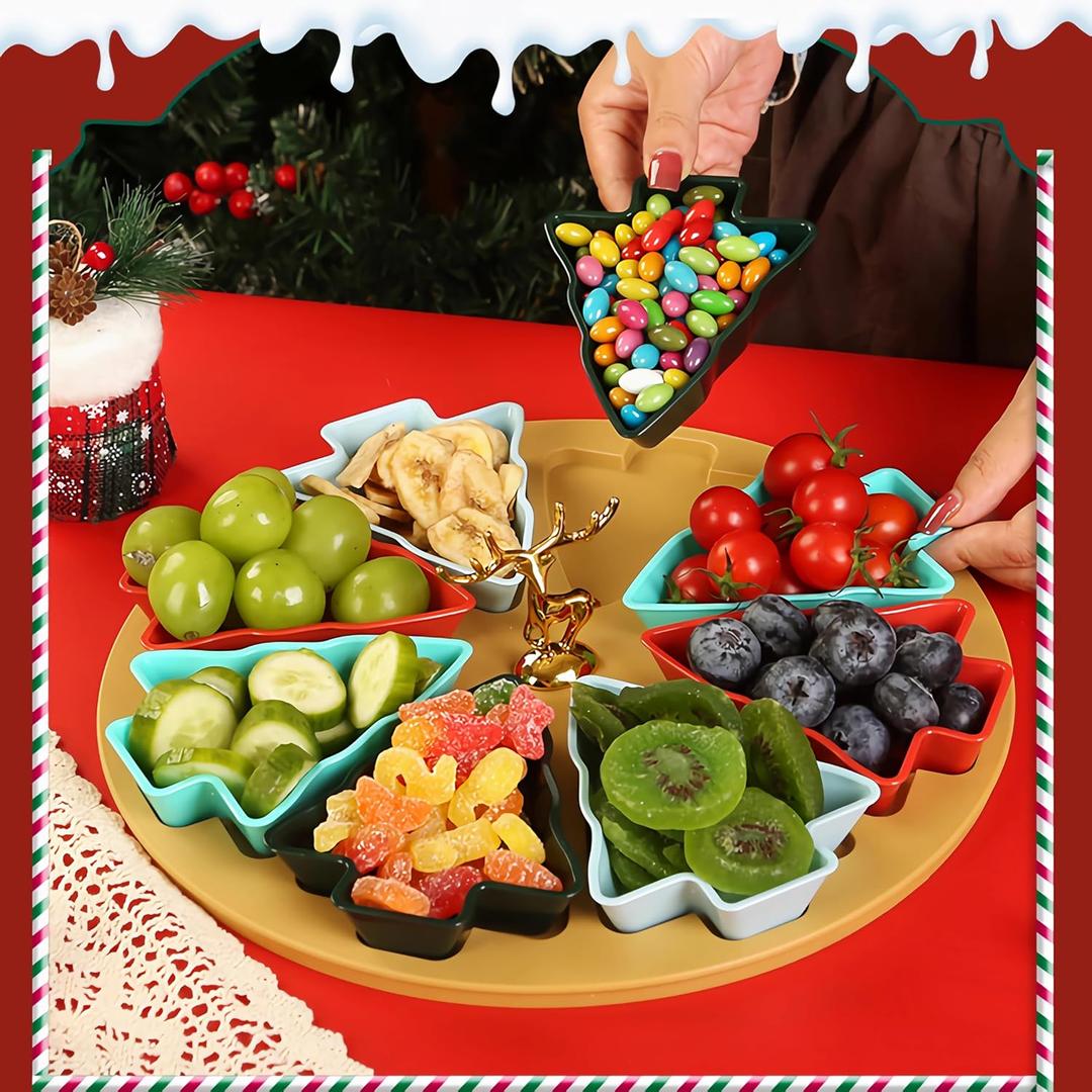 Christmas Tree Snack Tray, 8-Compartment Holiday Snack Box for Candy, Nuts, Fruit and Veggies, Reusable Plastic Food Organizer for Christmas Parties, Festive Entertaining & Christmas Decorations