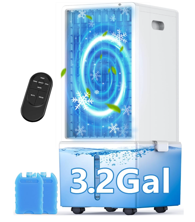 4-IN-1 Portable Air Conditioners w/ 4 Modes & 4 Speeds, LED Touch Screen, Waterless Alert System & 3.2-Gal Tank for 24H Cooling, 12H Timer for Auto-Off, Remote, Evaporative Air Cooler for Home