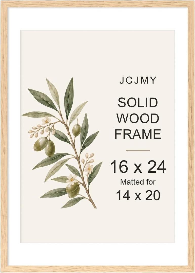 JCJMY 16x24 Solid Wood Picture Frame, Display 14x20 with Mat or 16 x 24 without Mat, Wooden 16 by 24 Photo Frame with Shatter Resistant Plexiglass for Wall Hanging, Natural, 1 Pack