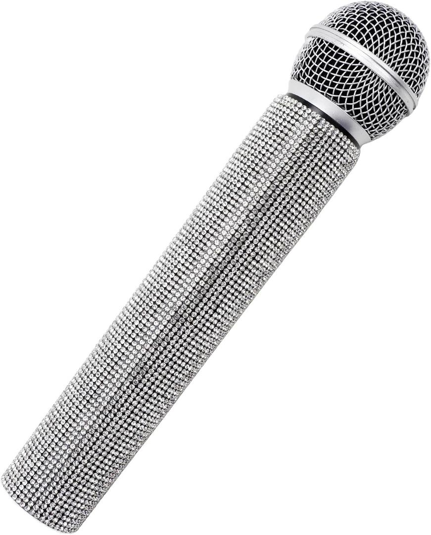 Fake Microphone Prop Plastic Play Microphone Glitter Silver Rhinestone Microphone Prop Microphone For Disco Stage Party