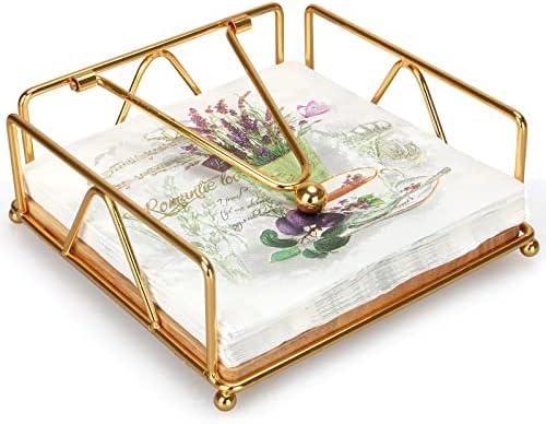 Gold Modern Napkin Holder for Table with Weighted Arm, Square Metal Flat Napkin Holder Farmhouse Napkin Box Rustic Napkin Tray for Paper Napkins, Kitchen, Countertops, Bathroom, Dinner, Outdoor