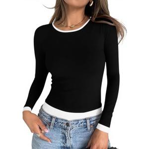 Cicy Bell Womens Long Sleeve Tops Patchwork Crewneck Slim Fit Shirts Going Out Casual Fall Basic Tees (Black, M)