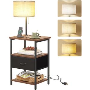 Fixwal Nightstand with LED Lights Bedside Table with 3 Color Temperatures Bulb, Tall NightStand with Charging Station End Table with Adjustable Fabric Drawer for Bedroom Dorm