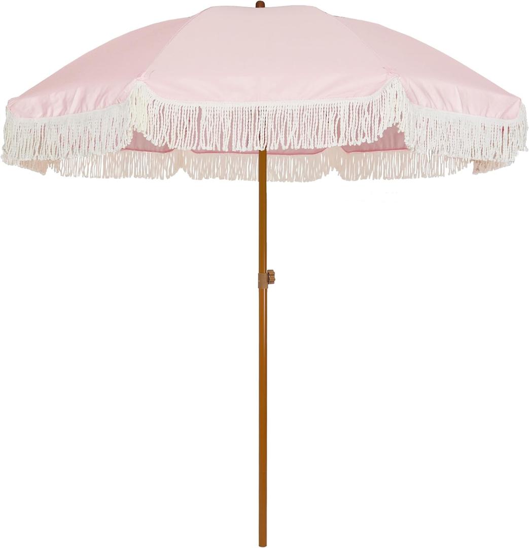 AMMSUN 7ft Patio Umbrella with Fringe Outdoor Tassel Umbrella UPF50+ Premium Steel Pole and Ribs Push Button Tilt, Elegant Pink
