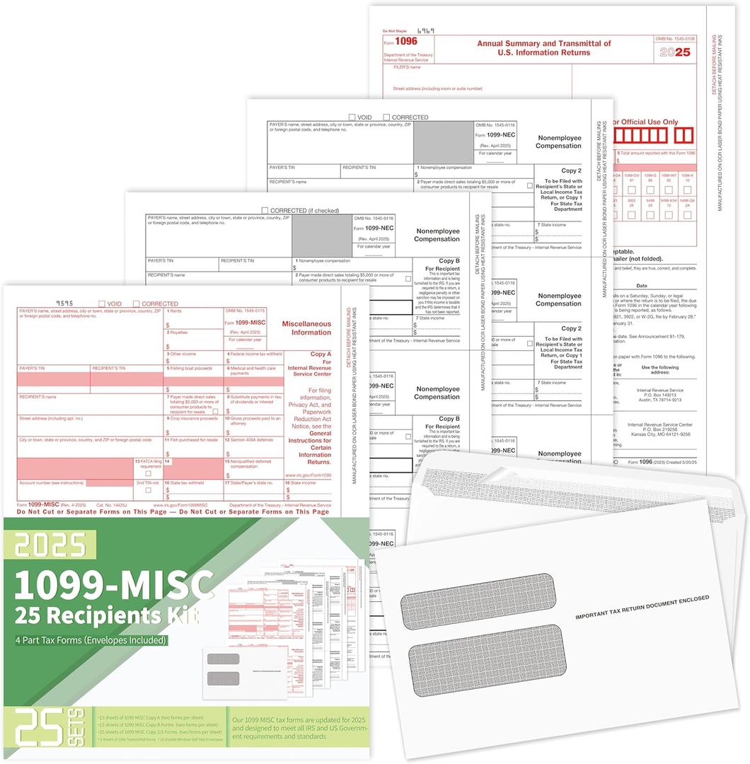 1099 MISC Forms 2025,1099 MISC Forms 2025 with Envelopes, Vendor Kit of 25 Laser Forms,1099 MISC Tax Forms,4 Part Tax Forms Kit,25 Self Seal Envelopes with 3 1096 Included