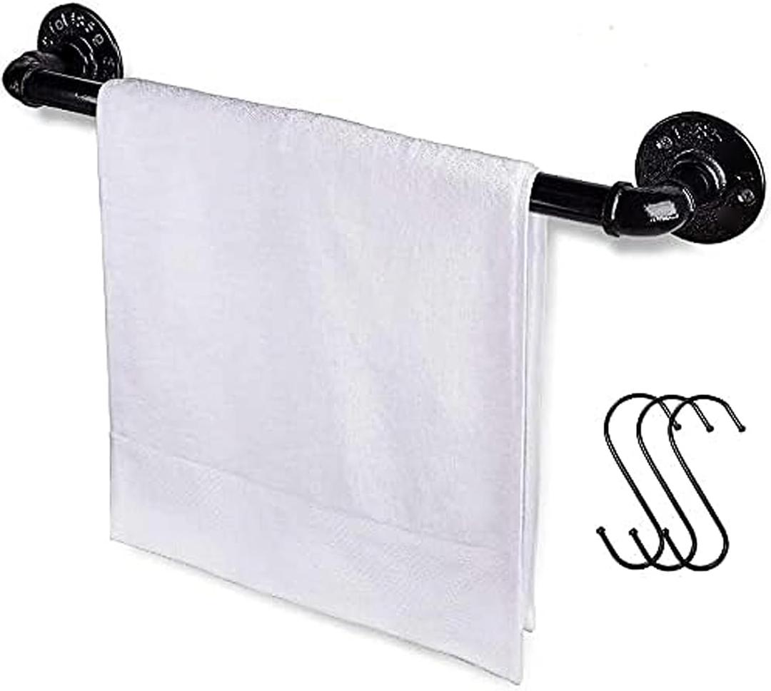 Industrial Pipe Towel Rack Towel Bar, Heavy Duty Wall Mounted Rustic Farmhouse Bath Towel Holder for Bathroom (Black, 18 Inch)