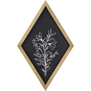 Flower Wall Decor Wood Diamond Frame Rustic Botanical Wall Decor Minimalist Floral Decor Wall Art for Farmhouse Living Room Dining Room Bathroom (Black)