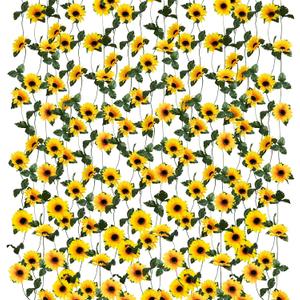 Uieke 7 Pack Artificial Sunflower Garland, 7ft/Pcs Silk Sunflowers with Green Leaves, Flowers Vines for Room Home Kitchen Garden Wedding Arch Bridal Baby Shower Party Outdoor Decor (Medium-7pcs)