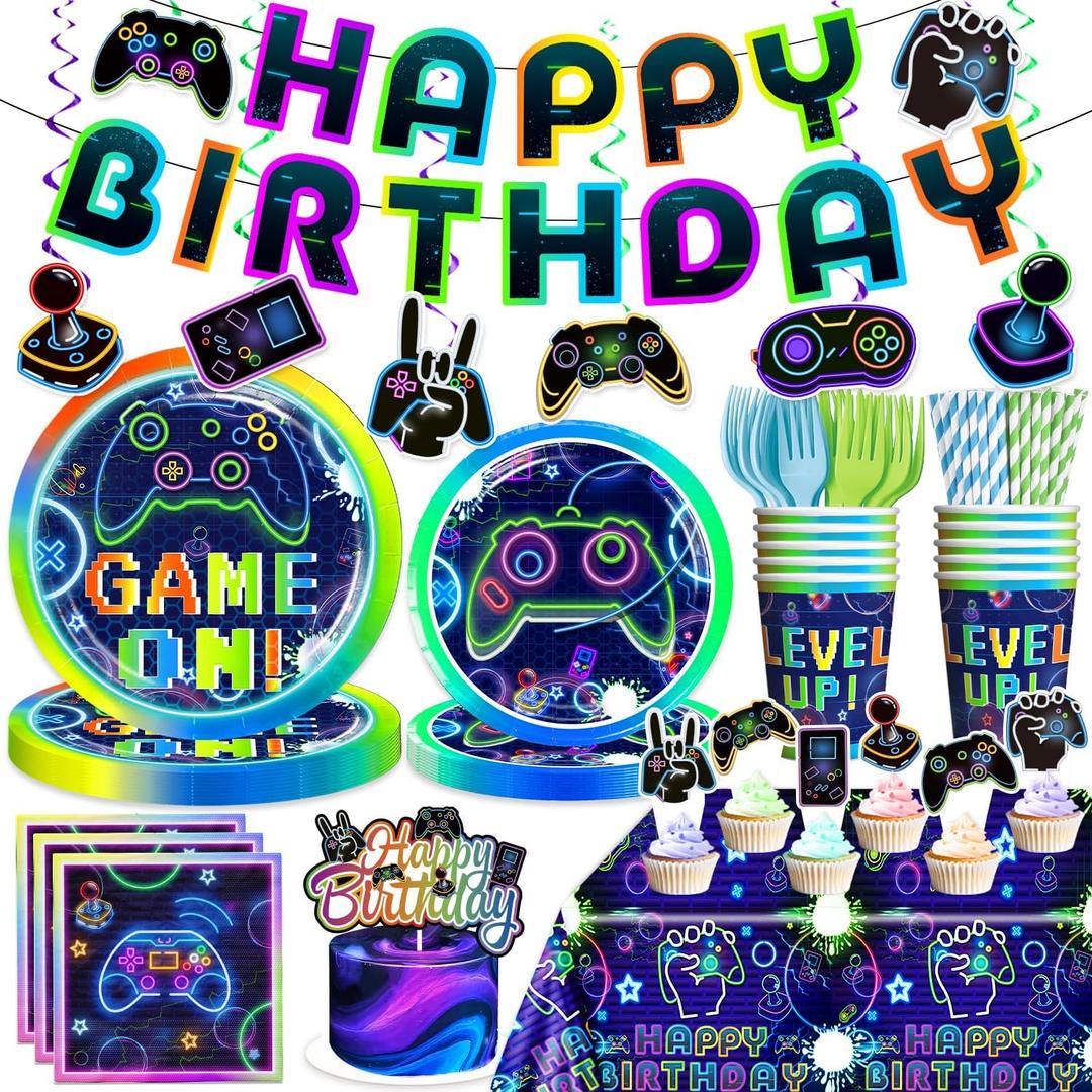 174 Pcs Gamer Birthday Party Decorations Tableware Set with 300gsm Plates and Napkins, Serves 25, 2 Tablecloths, Banner, Cake Toppers, for Boys Video Game Birthday Decorations, Multicolor