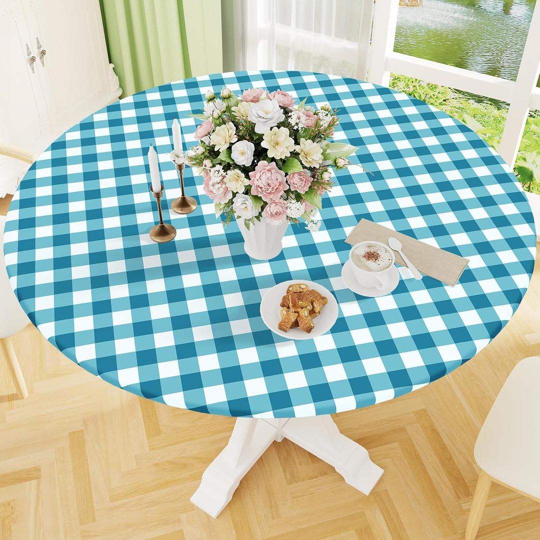 Smiry Round Picnic Tablecloth, Elastic Waterproof Fitted Vinyl Tablecloths for 36"-44" Tables, Flannel Backed Buffalo Plaid Table Cover for Dining, Camping, Outdoor, White and Turquoise