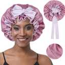 Satin Bonnet Silk Sleep Cap, Double Layer Tie Band Adjustable Bonnet for Women Curly Hair Care (Purple)