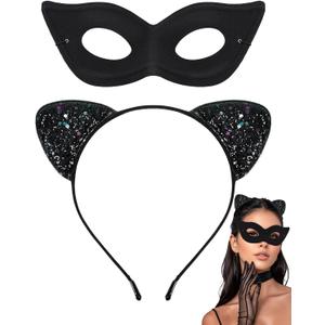 2 x Black Cat Costume Accessories Set with Ears Headband and Masquerade Mask for Adult Christmas Gifts, Halloween Cosplay Party (Black)