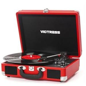 VICTRESS Vinyl Record Player, Portable Suitcase Turntable with PC Recording & Bluetooth Input/ Output, 3-Speed LP Player, Built-in Stereo Speakers, RCA, AUX, Headphone Jack, Red