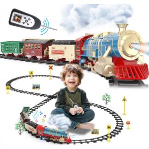 JUQU Christmas Train Set for Kids Ages 3-8  Remote Control Steam Locomotive Toy Train with Lights, Sounds, Smoke & Tracks, Christmas Tree Train Set Gifts with Cargo Cars for Around or Under Tree