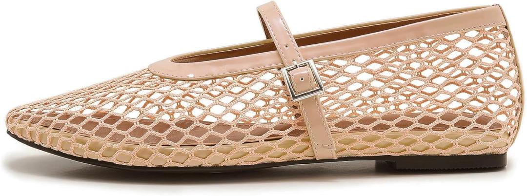 Moyilishan Womens Mesh Mary Jane Flats Buckle Strap Round Toe Breathable Ballet Flat Summer Casual Lightweight Ballerina Shoes (7, Nude)