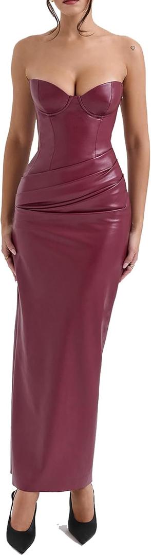 Women's Leather Midi Dress with Asymmetric Back Lacing (Fits Large, Size Down) (Medium, 01 Burgundy)