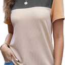 BLENCOT Women Tops Color Block Crewneck Casual Oversized Tshirts Knit Summer Tees Blouse S-2XL (Medium, Black Khaki)