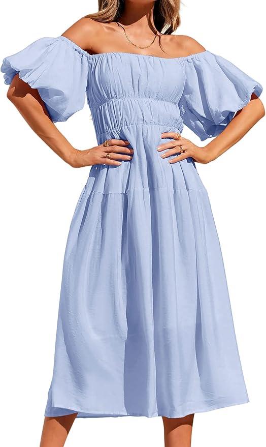 XuBa Women's 2024 Boho Off Shoulder Dress Puff Short Sleeves Flowy A Line Beach Party Midi Dresses,  Large