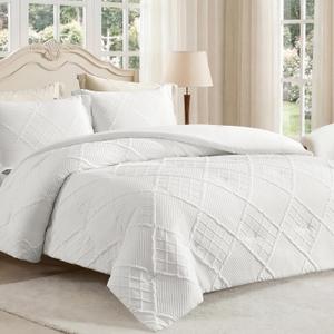 Amlie Home Queen Comforter Set, 3 Piece White Jacquard Bedding Set with 2 Pillow Cases, Soft Microfiber Diamond Design, Lightweight All-Season for Bedroom & Dorm