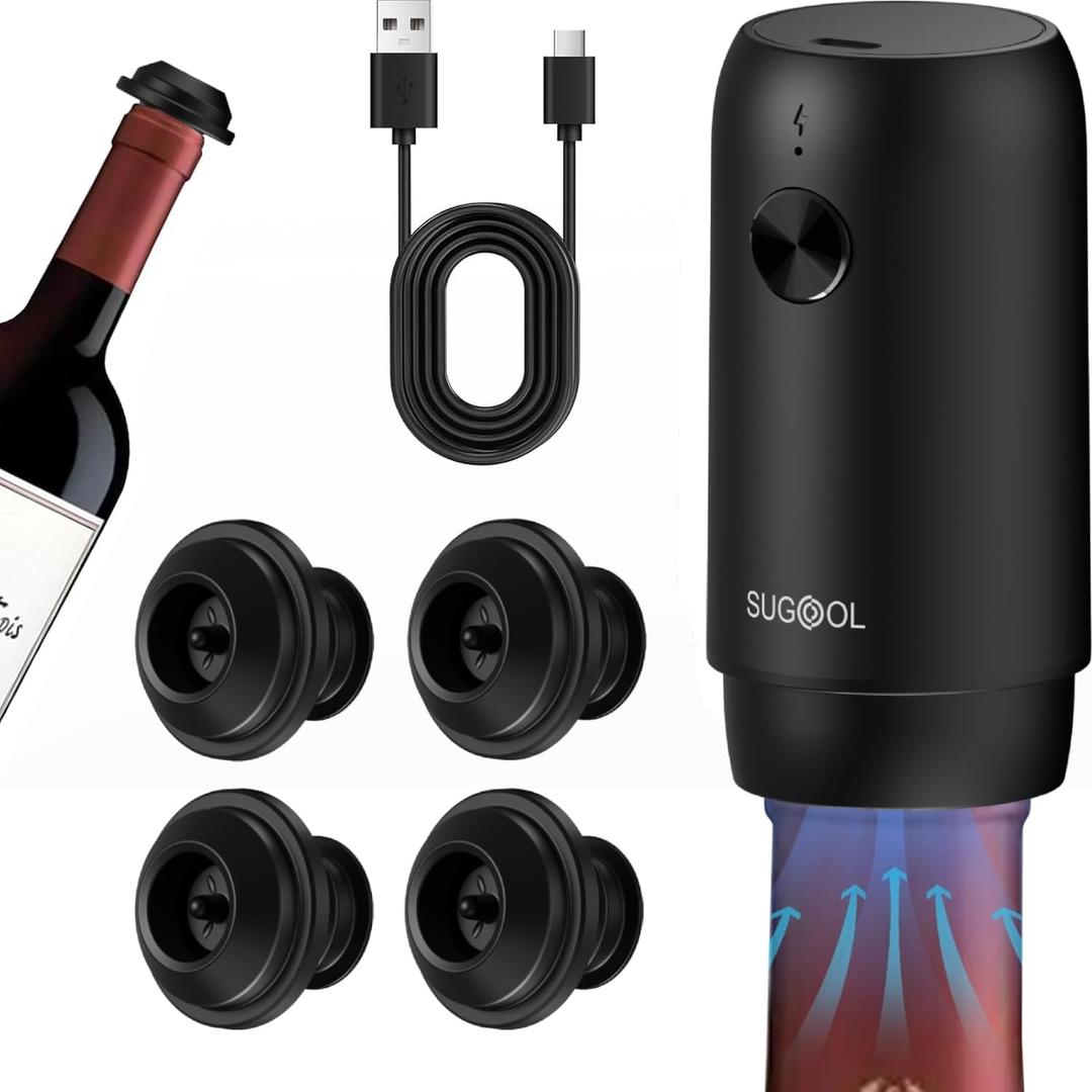 Electric Wine Saver & Preserver Pump with Vacuum Wine Bottle Stopper, Rechargeable, 4 Reusable Wine Bottle Stoppers, Wine Sealer, Keep Wine Fresh for Days