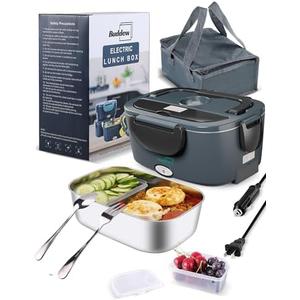 Buddew Electric Lunch Box 80W Food Heater for Adults, 12/24/110 V Portable Food Warmer for Travel & Work, 1.5L Food Warmers, Loncheras para Hombres de Trabajo (Gray+Black Handle)