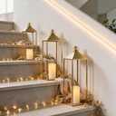3 Pcs Large Gold Decorative Lanterns with Candles, Metal Candle Lantern