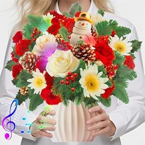 Christmas Cards, 3D Pop-up Merry Christmas Gift Card with Music and Lights, Snowman & Poinsettia, 10 inch Life Sized Forever Flower Bouquet，Includ Envelope, Suitable for Mom Women Aunt Daughter