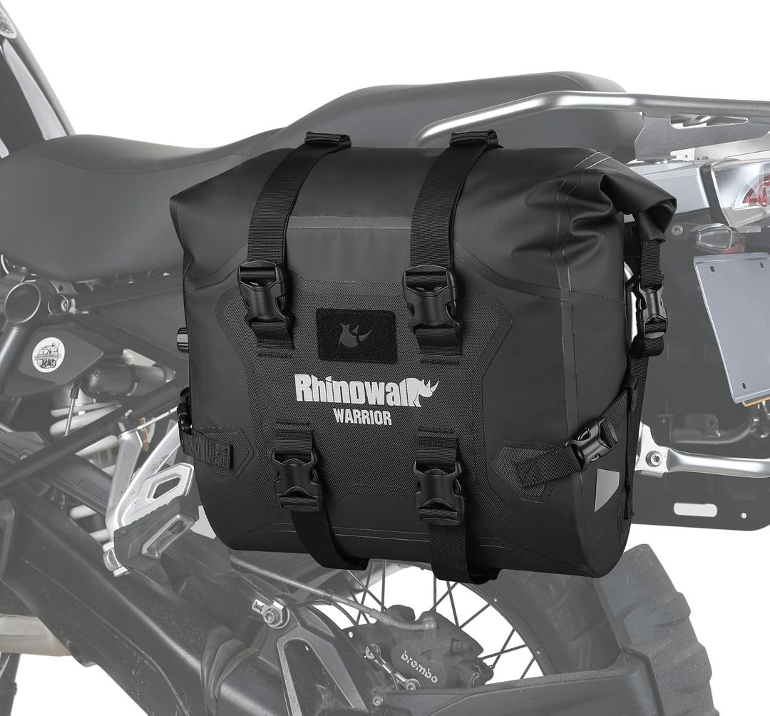 Rhinowalk Motorcycle Saddle Bag Waterproof Side Bag, PVC Roll-Top Side Luggage with Magnetic Closure, Lightweight Rear Rack Pannier Bag with Reflective Logo (Black 24L, 2pc)