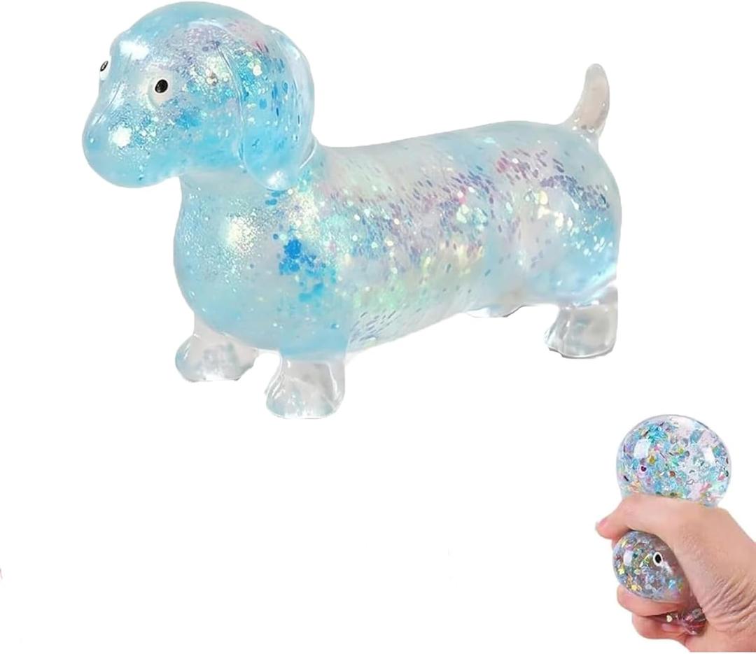 Dachshund Squishy Stress Toy,Glitter Dog Maltose Stress Ball, Slow Rise Fidget for Anxiety Relief, Soft Squeeze Desk Gadget for Home Office Travel (Blue)