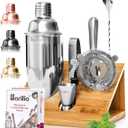 Barillio Bartender Kit - Stainless-Steel Cocktail Shaker Set with Bamboo Stand - Mixology Bar Tools w/Shaker, Drink Mixer Spoon & Muddler for Cocktails - Home Bar Accessories - 10-Pc Bar Set - Silver